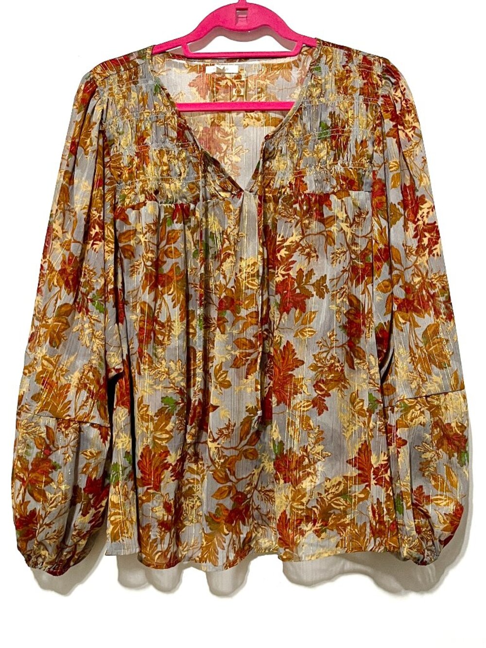 Womens Sheer Balloon Sleeve Peasant Blouse 1X Boho Fairy Grunge Earthy Leaves